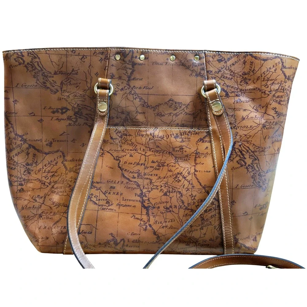 Women's Patricia Nash Benvenuto Italy Leather Tote Map Print Crossbody Bag Tan